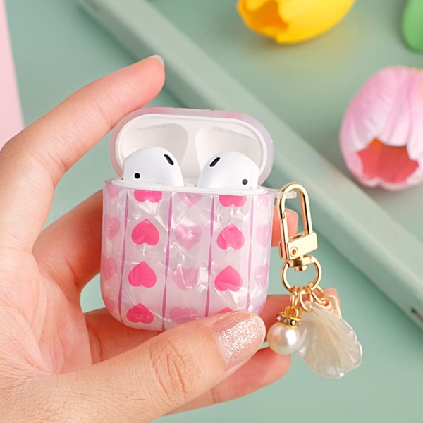 

Heart Pattern Case For Airpods With Shell Pendant, Pink