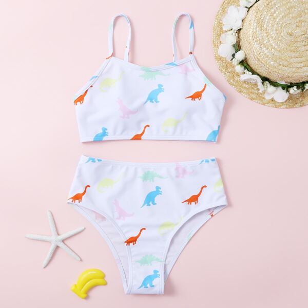 

Girls Cartoon Dinosaur Print Bikini Swimsuit, White
