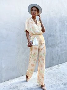 SHEIN Unity Tie Dye Print Wide Leg Trousers - Yellow - View 4