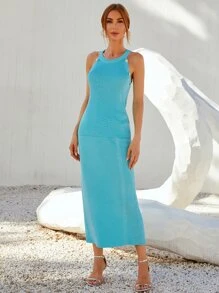 Solid Halter Knit Top & Split Back Knit Skirt