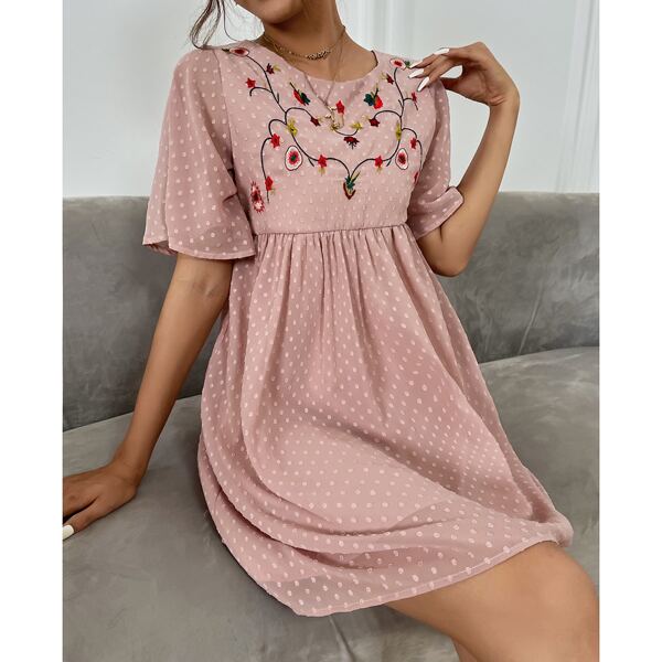 

Chiffon Floral Embroidery Smock Dress, Pink