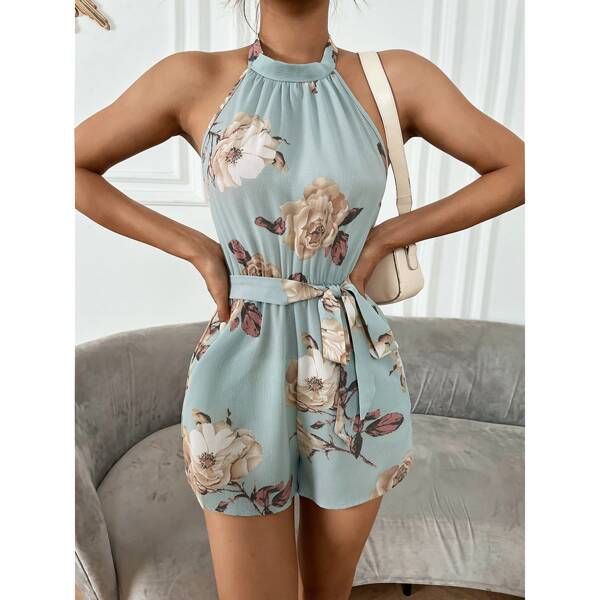 

Floral Backless Belted Romper, Baby blue