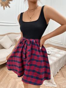 SHEIN Essnce 假兩件格紋腰帶傘擺連衣裙 - 彩色 - 查看 3