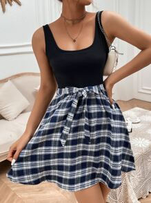 SHEIN Essnce 2 In 1 Plaid Belted Swing Dress - Multicolor - View 1