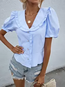 褶邊公主袖襯衫 - 藍色 - 查看 1