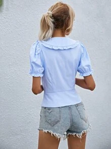 褶邊公主袖襯衫 - 藍色 - 查看 2