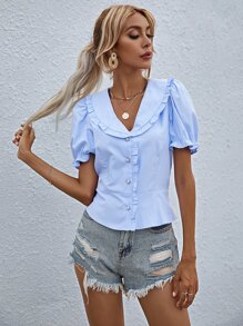 褶邊公主袖襯衫 - 藍色 - 查看 3