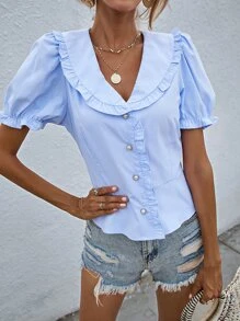 褶邊公主袖襯衫 - 藍色 - 查看 4