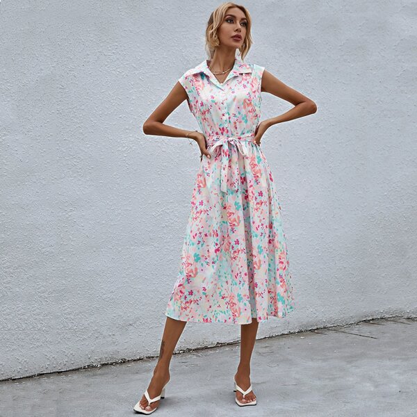 

Half Button Allover Print Belted Dress, Multicolor