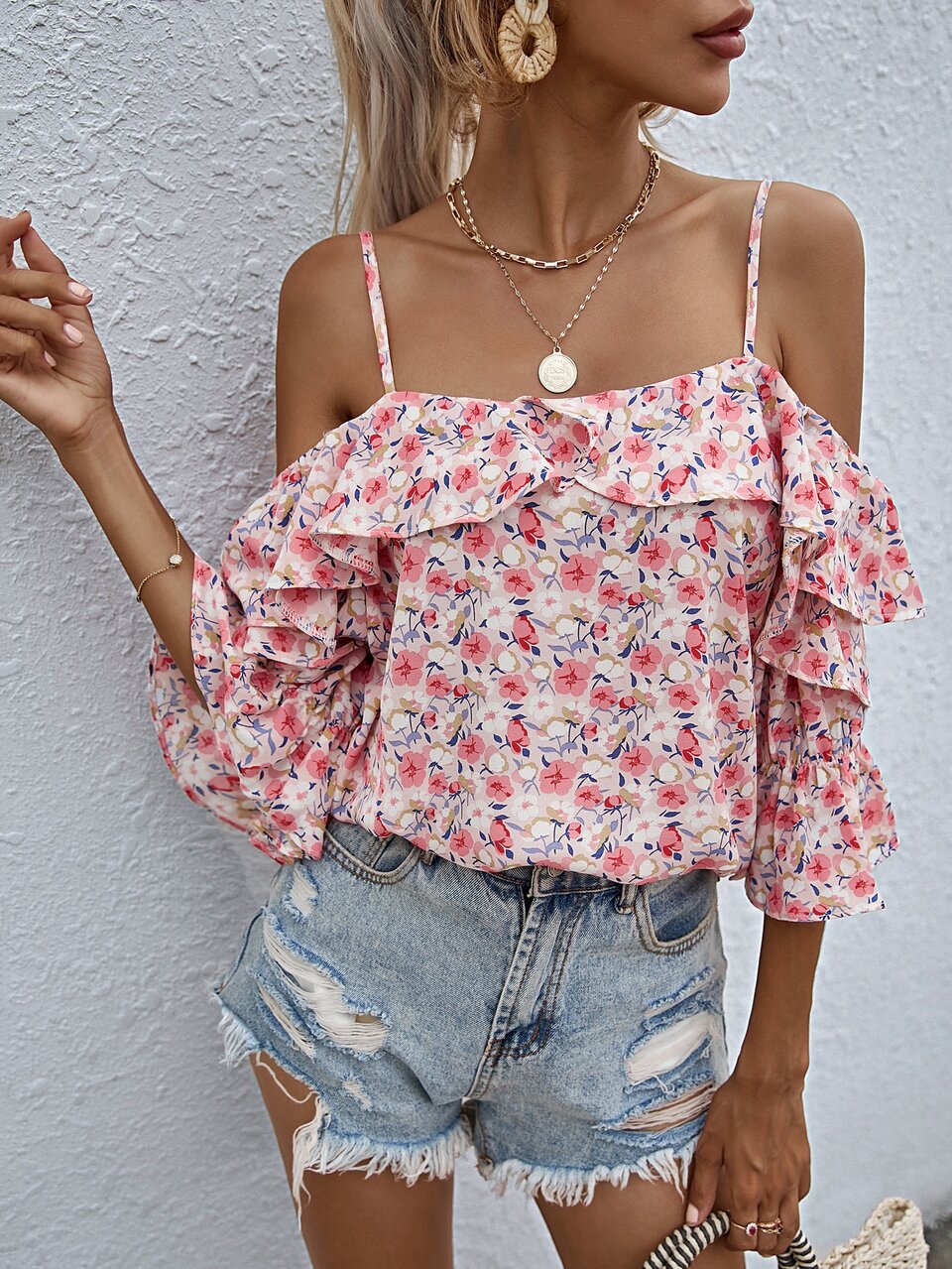 Cold Shoulder Floral Print Blouse