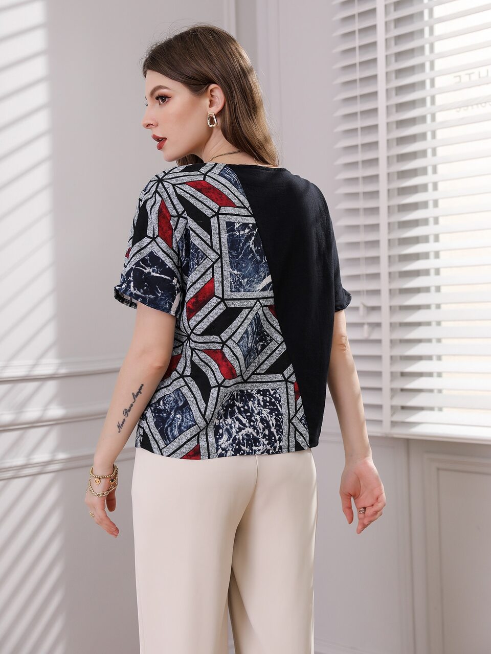 Geo Print Batwing Sleeve Blouse