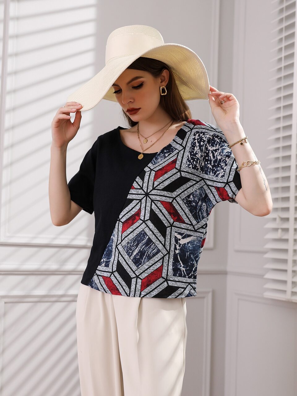 Geo Print Batwing Sleeve Blouse