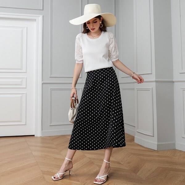 

Schiffy Panel Top & Polka Dot Skirt, Black and white