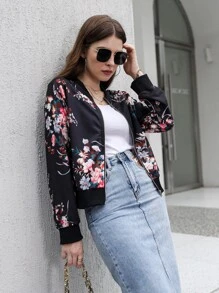 Mulvari Floral Print Zip-up Bomber Jacket - Black - View 1