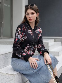 Mulvari Floral Print Zip-up Bomber Jacket - Black - View 5