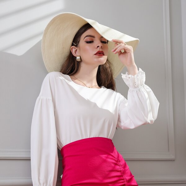 

Eyelet Embroidery Flounce Sleeve Blouse, White