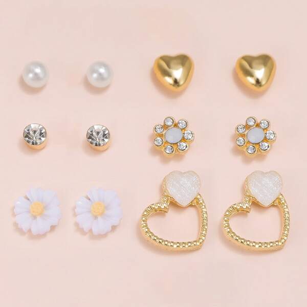 

6pairs Heart Decor Stud Earrings, Gold