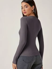 SHEIN BASICS Camiseta algodón unicolor forma ajustada - Gris Oscuro - Ver 2
