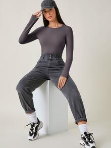 SHEIN BASICS Camiseta algodón unicolor forma ajustada - Gris Oscuro - Ver 4
