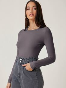 SHEIN BASICS Camiseta algodón unicolor forma ajustada - Gris Oscuro - Ver 5