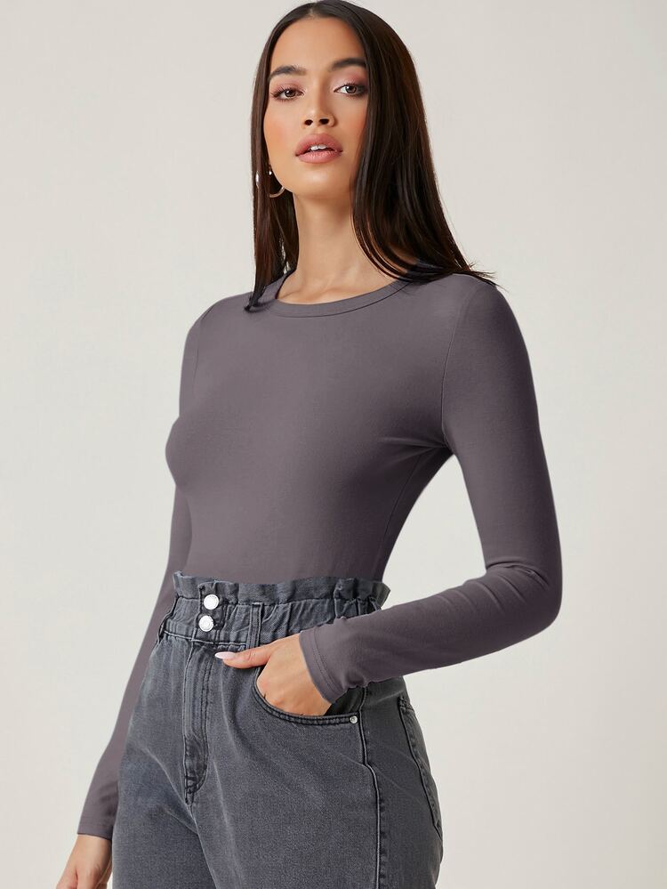 SHEIN BASICS Cotton Solid Form Fitted Tee - Dark Grey - View 5