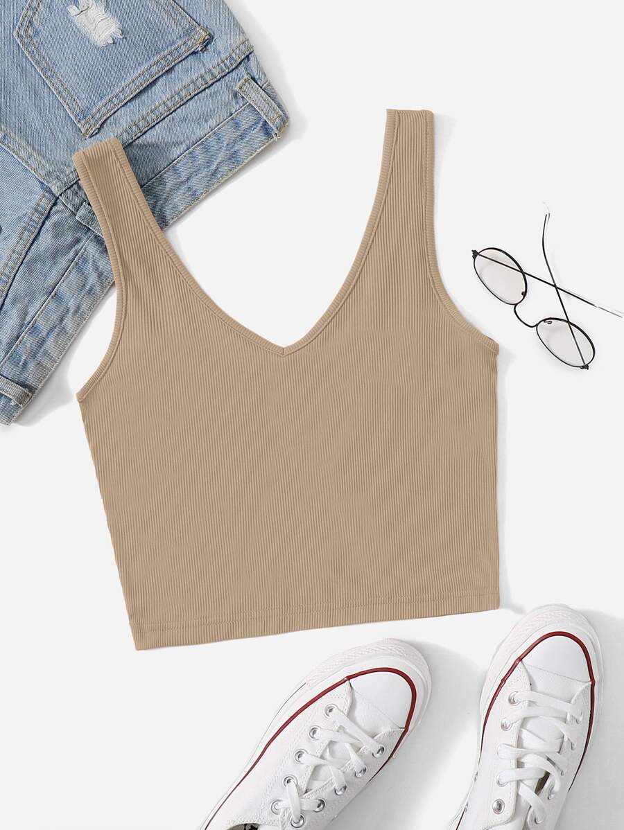 Franclia V Neck Rib-Knit Crop Tank Top, Suitable For Summer - Khaki - View 1