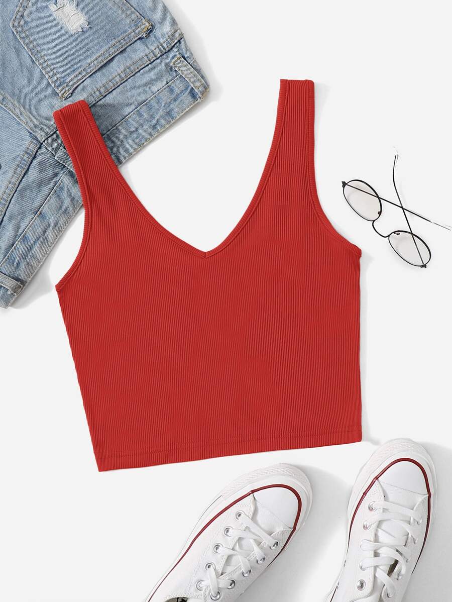 SHEIN Unity Solid Rib Knit Tank Top - Red - View 1