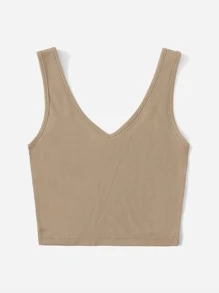 Franclia V Neck Rib-Knit Crop Tank Top, Suitable For Summer - Khaki - View 3