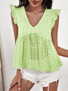 SHEIN Top schiffy de manga con fruncido - Verde - Ver 1