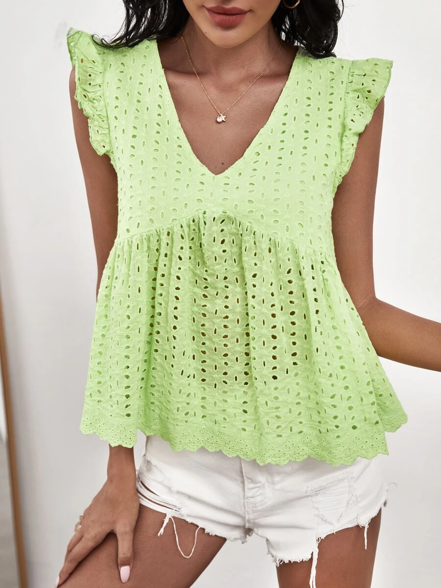 SHEIN Top schiffy de manga con fruncido - Verde - Ver 1