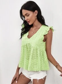 SHEIN Top schiffy de manga con fruncido - Verde - Ver 3