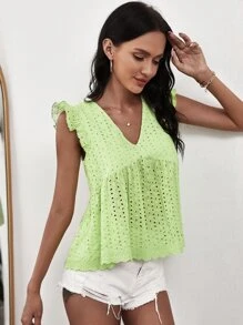 SHEIN Top schiffy de manga con fruncido - Verde - Ver 4