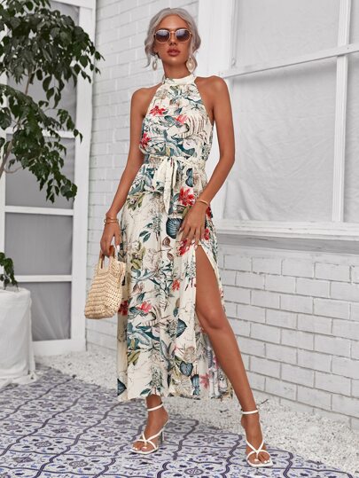 SHEIN Botanical Print High Split Hem Self Belted Halter Dress