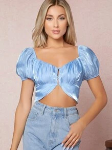 SHEIN Iridescent Puff Sleeve Button-Front Crop Top - Baby Blue - View 3