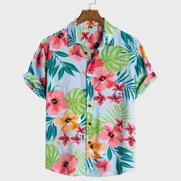 

Men Hawaiian Print Button Up Shirt, Baby blue