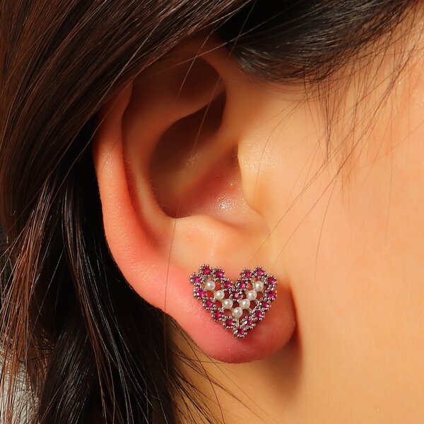 

Faux Pearl Heart Stud Earrings, Red violet