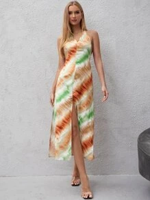 SHEIN VCAY Tie Dye Split Hem Halter Dress - Multicolor - View 1