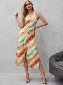 SHEIN VCAY Tie Dye Split Hem Halter Dress - Multicolor - View 3