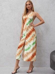 SHEIN VCAY Tie Dye Split Hem Halter Dress - Multicolor - View 4