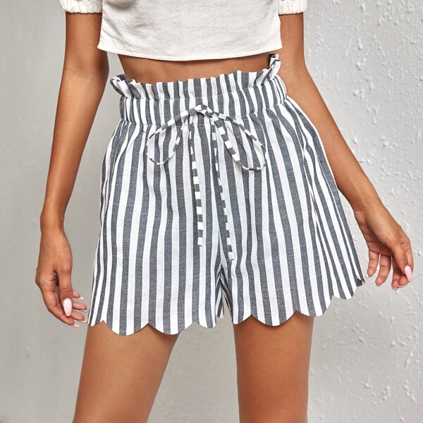 

Striped Drawstring Scallop Hem High Waist Shorts, Multicolor