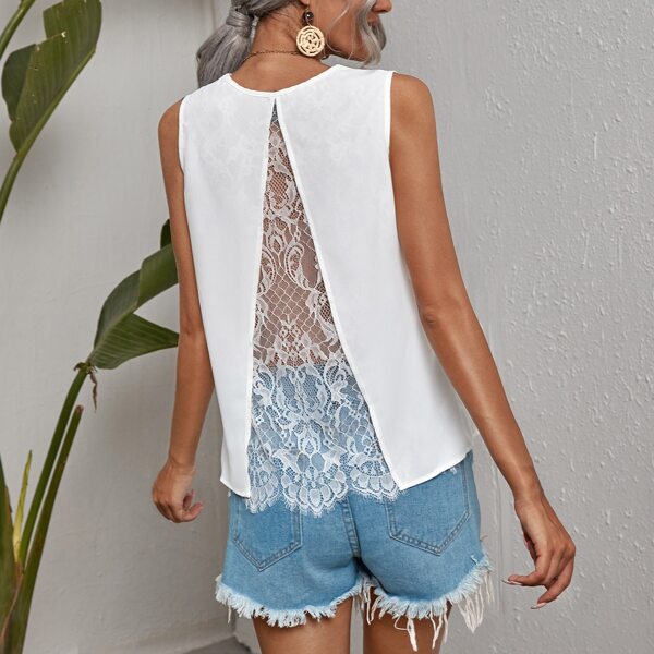 

Contrast Lace V-neck Sleeveless Blouse, White
