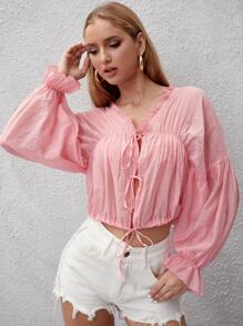 Solid Lantern Sleeve Knot Front Top - Baby Pink - View 1