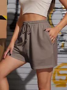 SHEIN EZwear Drawstring Waist Solid Track Shorts - Mocha Brown - View 4