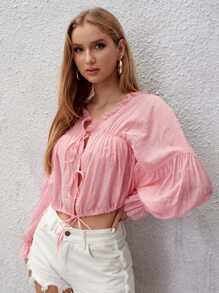 Solid Lantern Sleeve Knot Front Top - Baby Pink - View 4