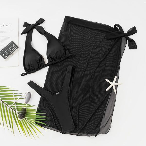 

3pack Halter High Cut Bikini Swimsuit With Cover Up, Black