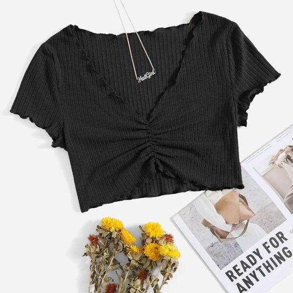 

Ruched Detail Lettuce Trim Tee, Black