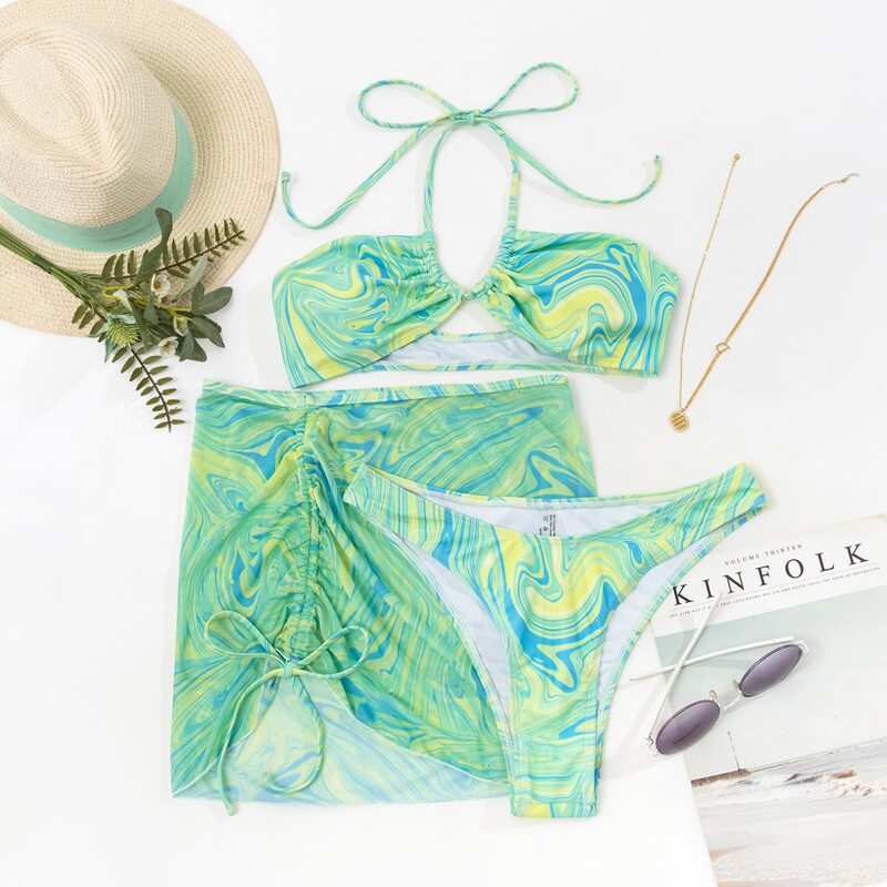 

3pack Abstract Fluid Pattern Bikini Swimsuit & Beach Skirt, Multicolor