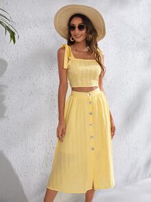 SHEIN Conjunto top de tirantes de espalda fruncido de hombros con nudo con falda con botón delantero - Amarillo - Ver 4