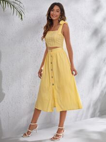 SHEIN Conjunto top de tirantes de espalda fruncido de hombros con nudo con falda con botón delantero - Amarillo - Ver 5