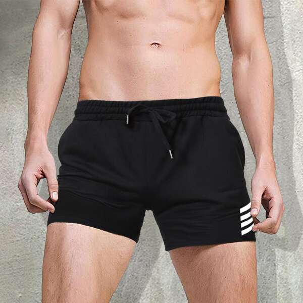 

Men Striped Drawstring Waist Shorts, Black